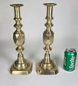 Scarce Pair of English Brass, "Ace of Diamonds", Hexagonal Pushup Candlesticks, 19th century