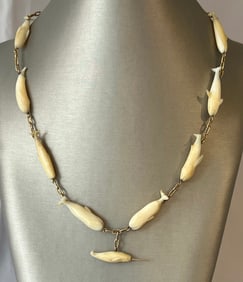 Scarce Charlie Sayle Carved Nine Whale Species Necklace Joined by Gold Links