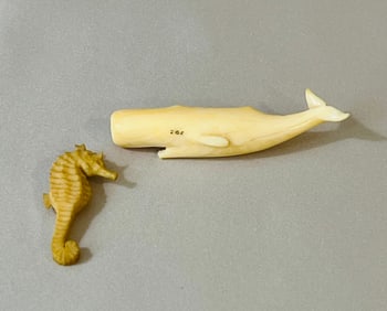 Signed Charlie Sayle Sr. Carved Sperm Whale Pin and Seahorse Pendant, circa 1952