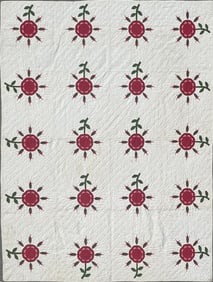 Very Fine Red and Green Floral Applique and Trapunto Quilt, Mid 19th Century