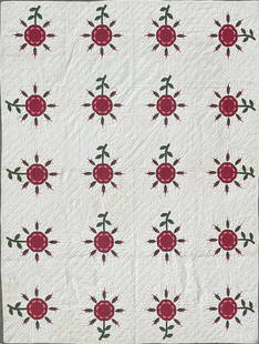 Very Fine Red and Green Floral Applique and Trapunto Quilt, Mid 19th Century: Very Fine Red and Green Floral Applique and Trapunto Quilt, Mid 19th Century 8 ft. 3 in. x 6 ft. 5 in.