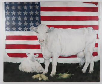 Virginia Greenleaf Acrylic on Canvas "Cow, Corn and American Flag Sulgrave Manor"