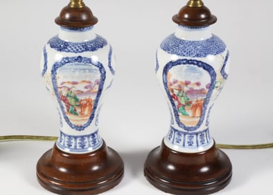Pair Chinese Export Famille Rose Diminutive Lamps, 18th/19th Century