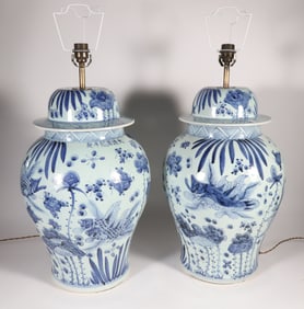 Pair of Chinese Cobalt Blue Under-Glazed Decorated Temple Jars Mounted as Lamps