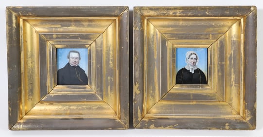 Pair of Miniature Portraits In Molded Gilt Frames, 19th Century