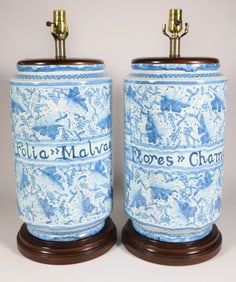 Pair of Antique Portuguese Blue and White Ceramic Flower Containers Mounted as Lamps