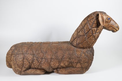 Vintage Folk Art Carved Wood Reclining Lamb