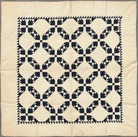 Antique Cobalt Blue on Creme Ground "Flying Geese" Patchwork Quilt, 19th Century
