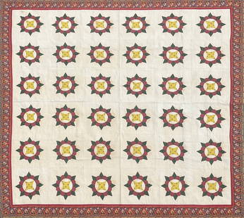 Very Fine Calico Pinwheel Patchwork Quilt Made by Jacqueline H. Isaacs, 19th Century: Very Fine Calico Pinwheel Patchwork Quilt Made by Jacqueline H. Isaacs, 19th Century, with broad chintz berry leaf boarder 103 in. x 102.5 in.