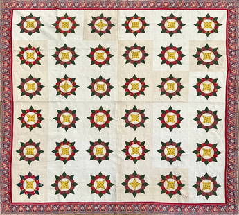 Very Fine Antique Calico Pinwheel Patchwork Quilt, 19th Century, Made by Jacqueline H. Isaacs: Very Fine Antique Calico Pinwheel Patchwork Quilt, 19th Century, broad chintz berry leaf boarder, the quilt made by Jacqueline H. Isaacs 99 in. x 99.5 in.