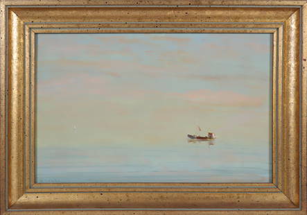 Robert Stark Jr. Oil on Board "Calm Seascape Where Sky and Water Meet": Robert Stark Jr. (1933-2014) Oil on Board "Calm Seascape Where Sky and Water Meet", colorful sky, fishing boat and sailboat on the horizon, signed lower left R. Stark, in molded gilt frame 7.5 in. x 1