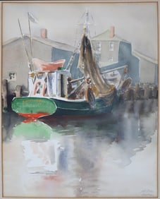 Doris and Richard Beer Watercolor on Paper "Green Hulled Fishing Boat Docked"