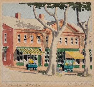 Scarce Doris and Richard Beer Miniature Nantucket Watercolor "Corner Stores"