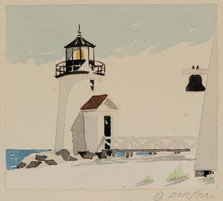 Scarce Doris and Richard Beer Miniature Nantucket Watercolor "Brant Point Light"