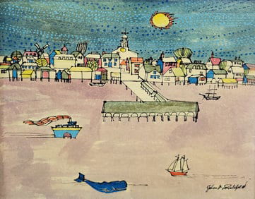 John Lochtefeld (1933-2025) Mixed Media on Board "Steamboat Wharf, Nantucket"