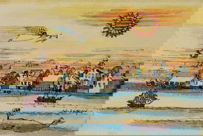 John Lochtefeld (1933-2025) Mixed Media on Board "Nantucket Harbor Sunrise"