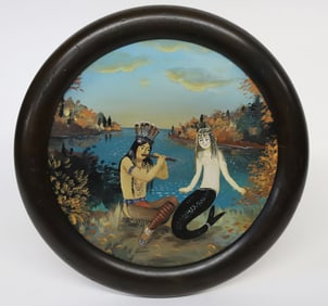 Early Ralph Cahoon Jr. Unsigned Oil on Masonite "Native American Serenading a Young Mermaid"