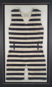 Framed 1920s Vintage Striped Linen Bathing Suit