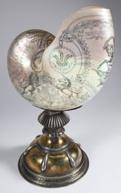 Finely Engraved Nautilus Shell on Sterling Silver Pedestal Base, circa 1850
