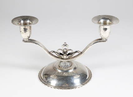 Georg Jensen Art Deco Sterling Silver Handwrought Candelabra: Georg Jensen Art Deco Sterling Silver Handwrought Candelabra, stamped: George Jensen, Inc. U.S.A. Handwrought Sterling C (Tree) C-S36 Height 5 in. Width 8.5 in. 4.5 Diameter Base 11.140 Troy Ounces