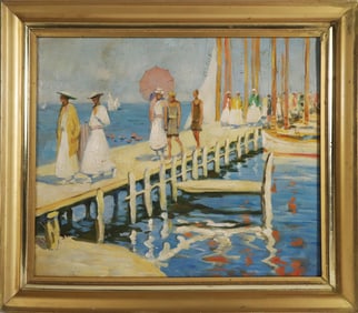 Jane Peterson School "Ladies on the Boardwalk" Oil on Wood Panel