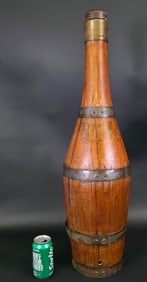 Antique English Oak Brass Bound Barrel Bottle, 19th century