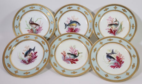 Set of Six Fine Mintons Hand Painted Bone China Fish Plates, 19th Century