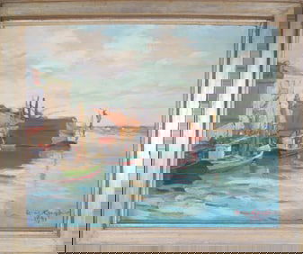 Anne Ramsdell Congdon Oil On Masonite "Island Service Wharf, Scene with Vessels, Nantucket, 1941"