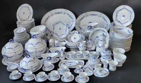 Bing & Grondahl Denmark Blue and White Dinner Service with Floral Decorations & Seahorse Handles