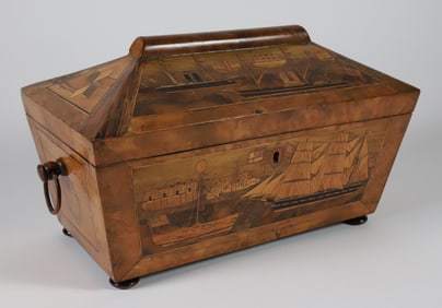 Canted Exotic Wood Burl Veneer and Inlaid Trinity Box, 19th Century