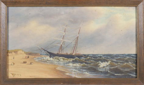 Wendell Macy Oil on Artist Board "Wreck of the Brig Poinsett", circa 1873