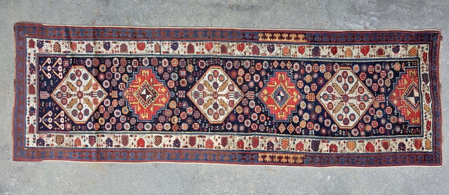 Vintage Caucasian Hand Knotted Wool Oriental Carpet Runner