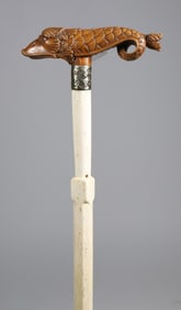 Whaler Made Boxwood Dolphin Grip Cane, 19th Century