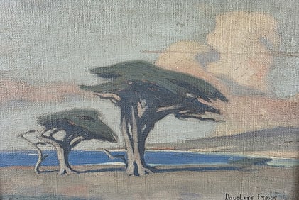 Douglass Thomas Fraser Oil on Artist Board, "Ancient Monterey Cypress Trees", circa 1930