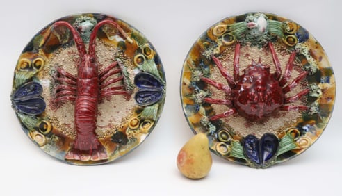 Two Antique Portuguese Palissy Ware Majolica Crab and Lobster Chargers