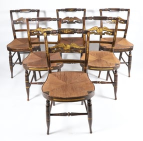 Set of Six Fancy Sheraton Rush Seat Dining Chairs with Eagle Back Rests, 19th Century