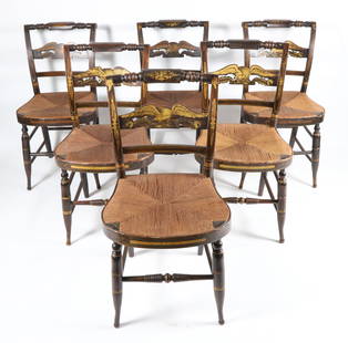 Set of Six Fancy Sheraton Rush Seat Dining Chairs with Eagle Back Rests, 19th Century: Set of Six Fancy Sheraton Rush Seat Dining Chairs with Eagle Back Rests, 19th Century Height 32 in. Width 18 in. Depth 16 in. Seat height 18 in.