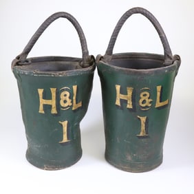 Pair of H & L Company 1 Leather and Canvas Painted Fire Buckets, 19th Century