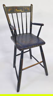Antique Sheraton Thumb Back Windsor Childs High Chair, 19th century: Antique Sheraton Thumb Back Windsor Childs High Chair, 19th century, in original blue paint with gilt floral and bird decorations. Height 30.5 in. Width 17 in. Depth 17 in.