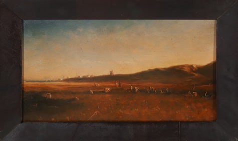 After Eastman Johnson "Cranberry Pickers in the Bog" Oil on Door Panel, 19th Century