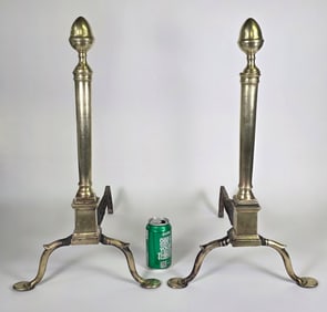 Scarce Pair of Antique Brass Chippendale Philadelphia Acorn and Finial Andirons, circa 1800