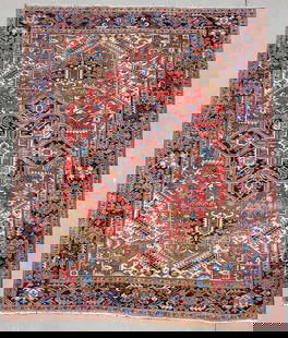 Fine Vintage 1930s Persian Heriz Roomsize Oriental Carpet Rug: Fine Vintage 1930s Persian Heriz Roomsize Oriental Carpet Rug, traditional geometric floral influenced motifs, hand knotted wool construction. 8 ft. 9 in. x 11 ft. 8 in.