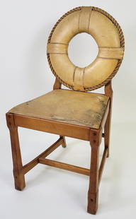 Vintage Nautical Canvas and Rope Life Ring Chair: Vintage Nautical Canvas and Rope Life Ring Chair, 20th C., maple wood with canvas and rope life ring backrest, canvas seat. Height 36 in. Width 18 in. Depth 17 in.