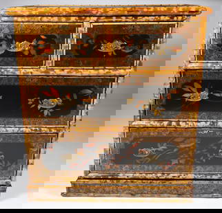 Decorative Bamboo and Lacquered Chest of Four Drawers: Decorative Bamboo and Lacquered Chest of Four Drawers, with split bamboo trim, throughout, lacquer painted top, drawer fronts and side panels, two over two drawers Height 40.5 in. Width 36 in. Depth 2