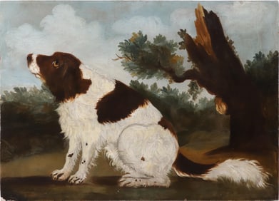 American Folk Art Oil on Wood Panel "Portrait of a Spaniel"
