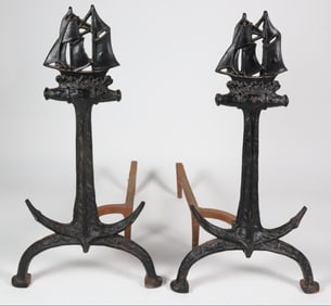 Pair of Vintage Cast Iron Ship and Anchor Andirons