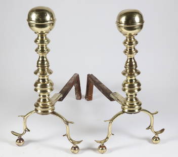 Pair of Period Boston Ball Top Andirons, 19th Century: Pair of Period Boston Ball Top Andirons, 19th Century, multi-turned on arched spurred legs ending in ball feet Height 17 in. Depth 16 in.