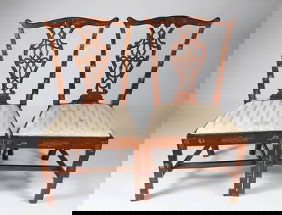 Pair of Honduras Mahogany Inlaid Chippendale Side Chairs, late 18th - early 19th Century: Pair of Honduras Mahogany Inlaid Chippendale Side Chairs, late 18th - early 19th Century, carved leaf crest-rail above an open and inlaid splat; floral inlays throughout the chairs, slip seats, old pa