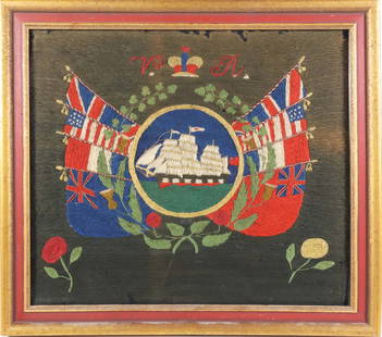 Victoria Rex British Woolie, 19th Century: Victoria Rex British Woolie, 19th Century, depicting a ship of The Royal Navy flanked by Allied flags, in molded wood frame Overall 17.75 in. x 20 in.