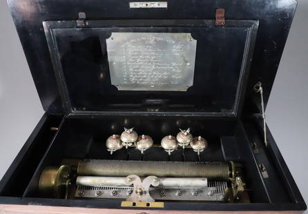 Swiss Zither Music Box, 19th Century: Swiss Zither Music Box, 19th Century, cylinder with 12 aires, 15 pouc: Timbres en Vue engraved on silver plated plaque, 6 bees and bells, piccolo engraved with initials P.U.F., inlaid floral murals on